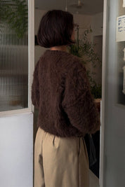 Fluffy Brown Fuzzy Knit Crop Cardigan Sweater Top