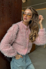 Fluffy Pink Fuzzy Knit Crop Cardigan Sweater Top