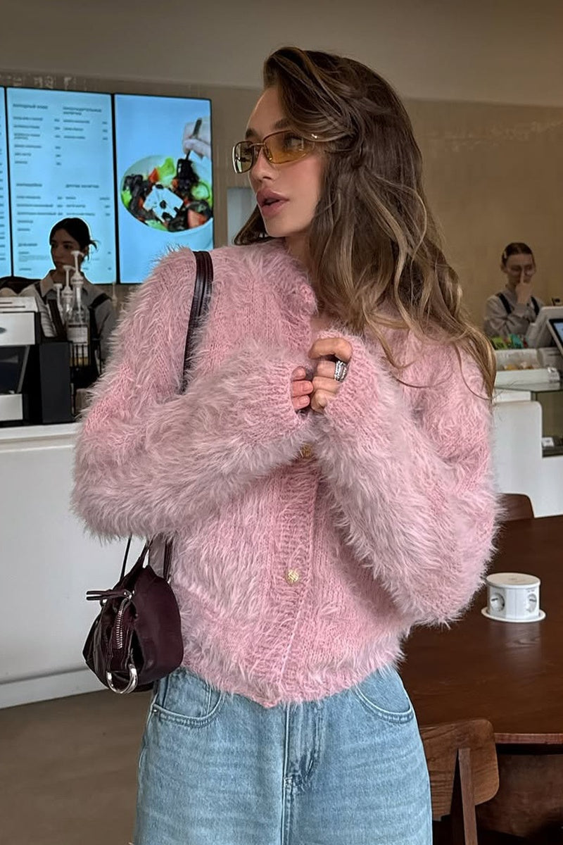 Fluffy Pink Fuzzy Knit Crop Cardigan Sweater Top