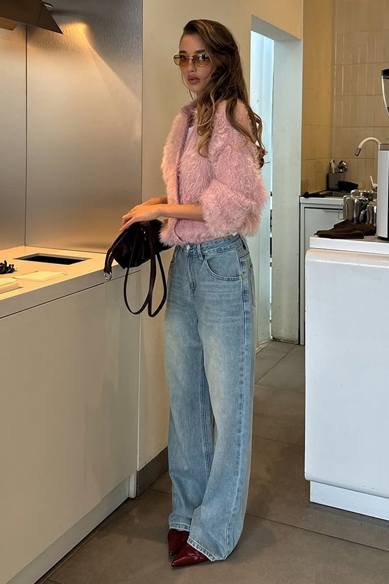 Fluffy Pink Fuzzy Knit Crop Cardigan Sweater Top
