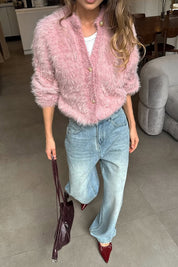 Fluffy Pink Fuzzy Knit Crop Cardigan Sweater Top