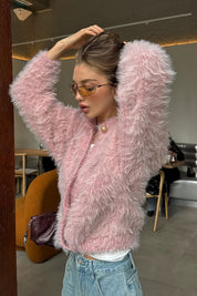 Fluffy Pink Fuzzy Knit Crop Cardigan Sweater Top