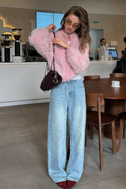 Fluffy Pink Fuzzy Knit Crop Cardigan Sweater Top
