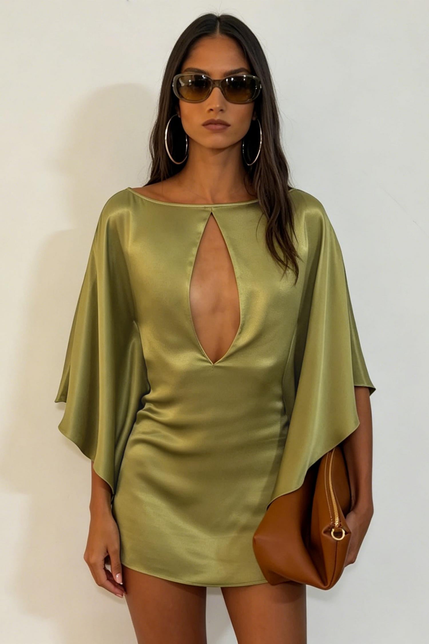 Olive Green Satin Keyhole Cutout Mini Dress
