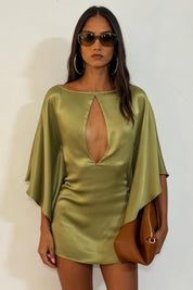 Olive Green Satin Keyhole Cutout Mini Dress