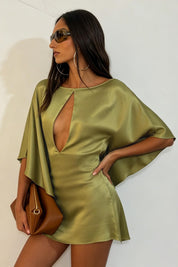 Olive Green Satin Keyhole Cutout Mini Dress