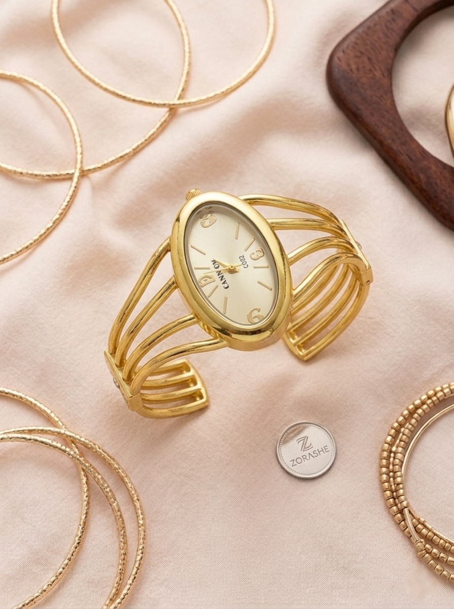 Modern Gold-Tone Statement Cuff Watch Bracelet