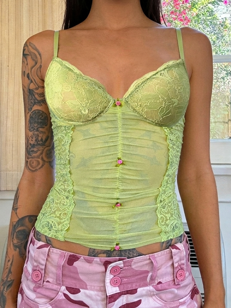 Green Ruched Mesh Lace Panel Bustier Cami Top