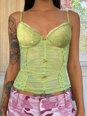 Green Ruched Mesh Lace Panel Bustier Cami Top