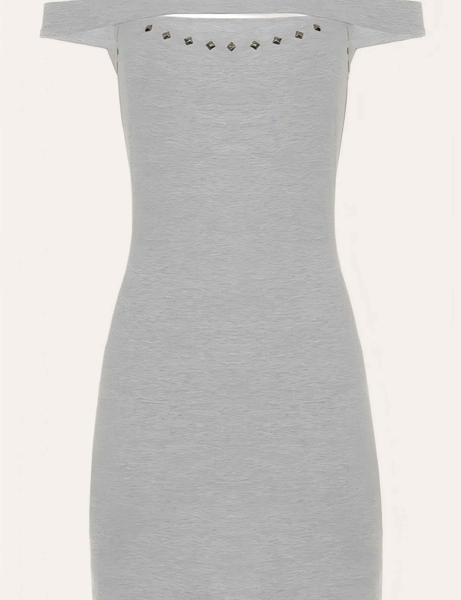 Grey Off Shoulder Studded Cutout Bodycon Mini Dress
