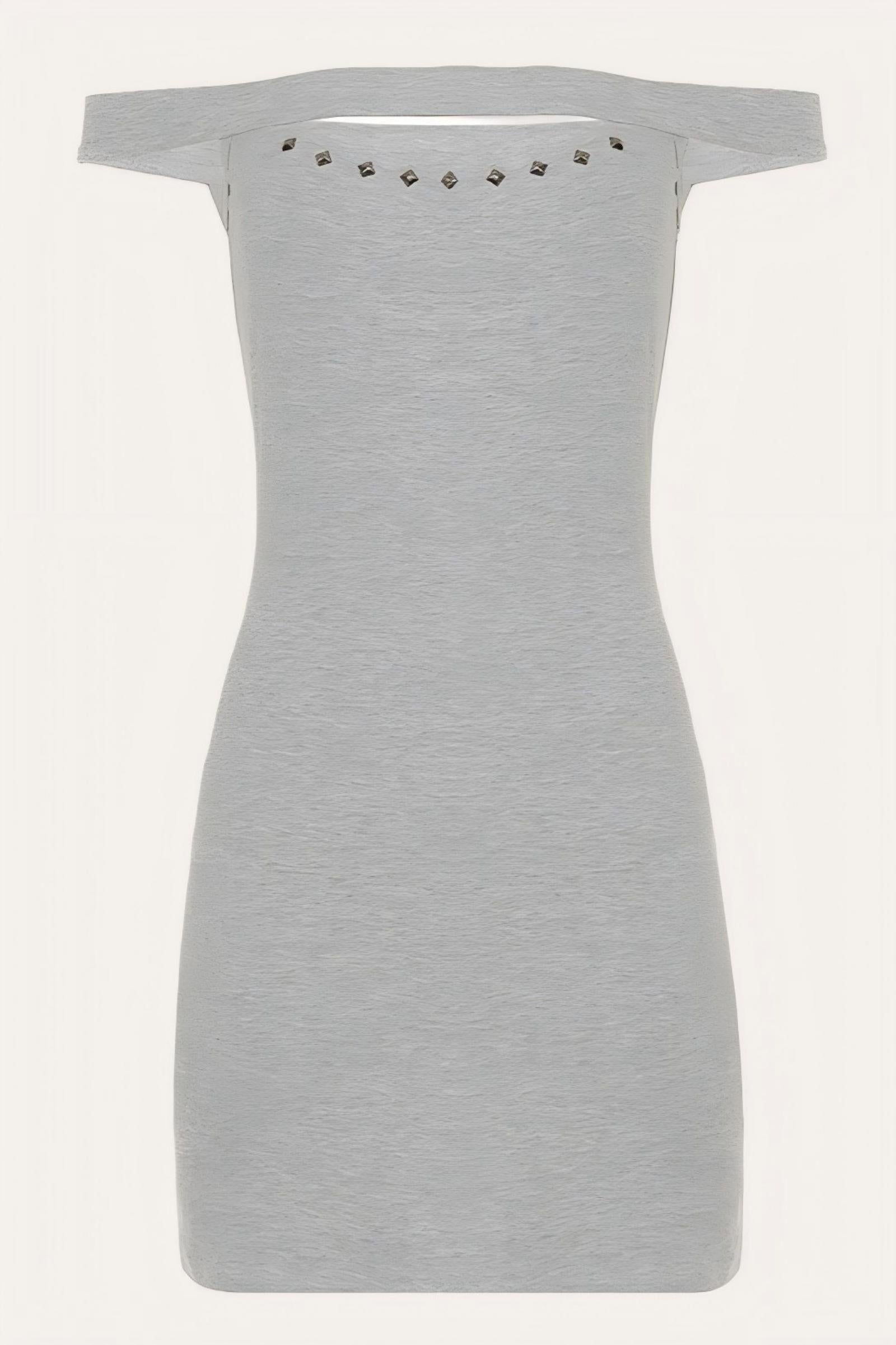 Grey Off Shoulder Studded Cutout Bodycon Mini Dress