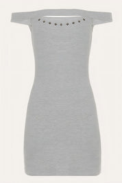 Grey Off Shoulder Studded Cutout Bodycon Mini Dress
