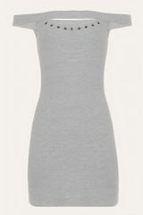 Grey Off Shoulder Studded Cutout Bodycon Mini Dress