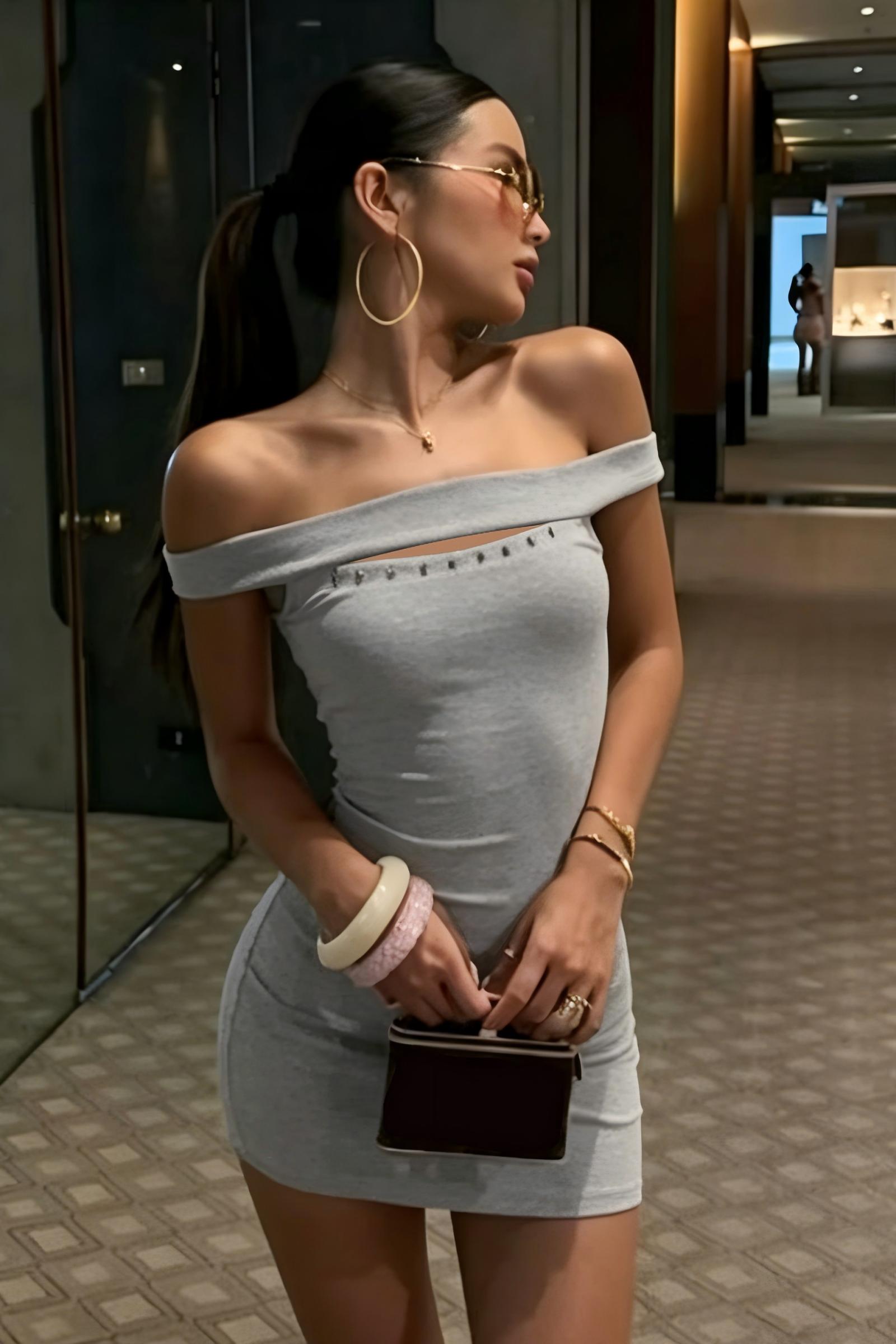 Grey Off Shoulder Studded Cutout Bodycon Mini Dress