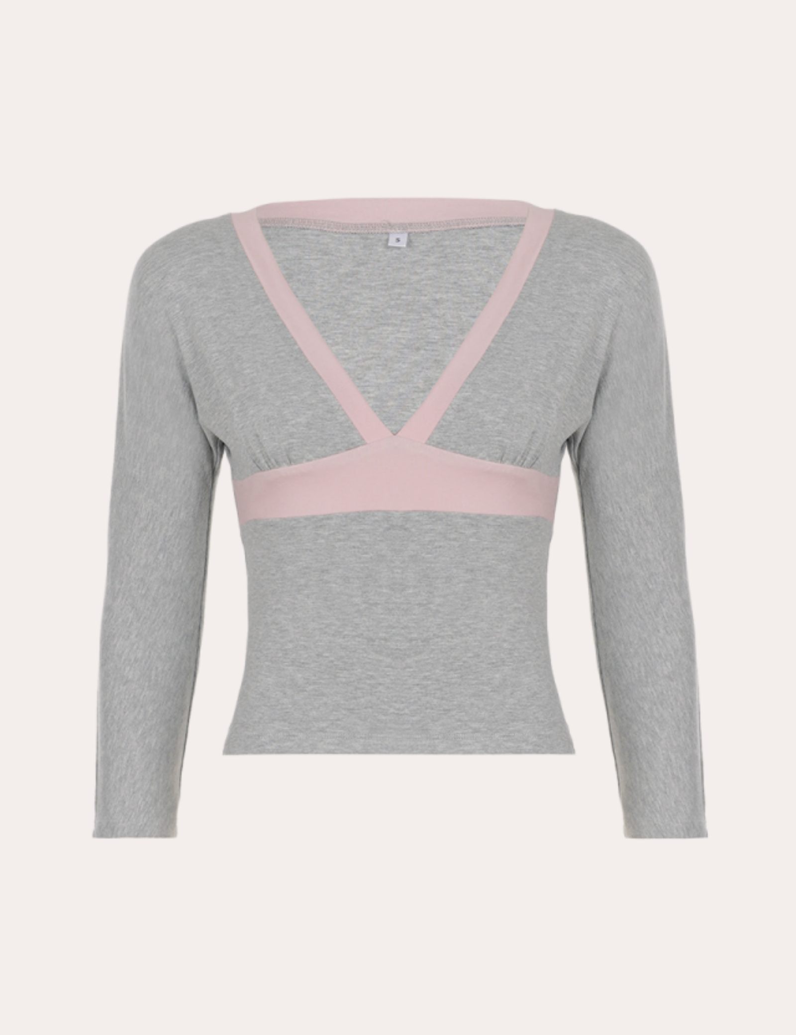 Grey and Pink Contrast Trim V-Neck Crop Top