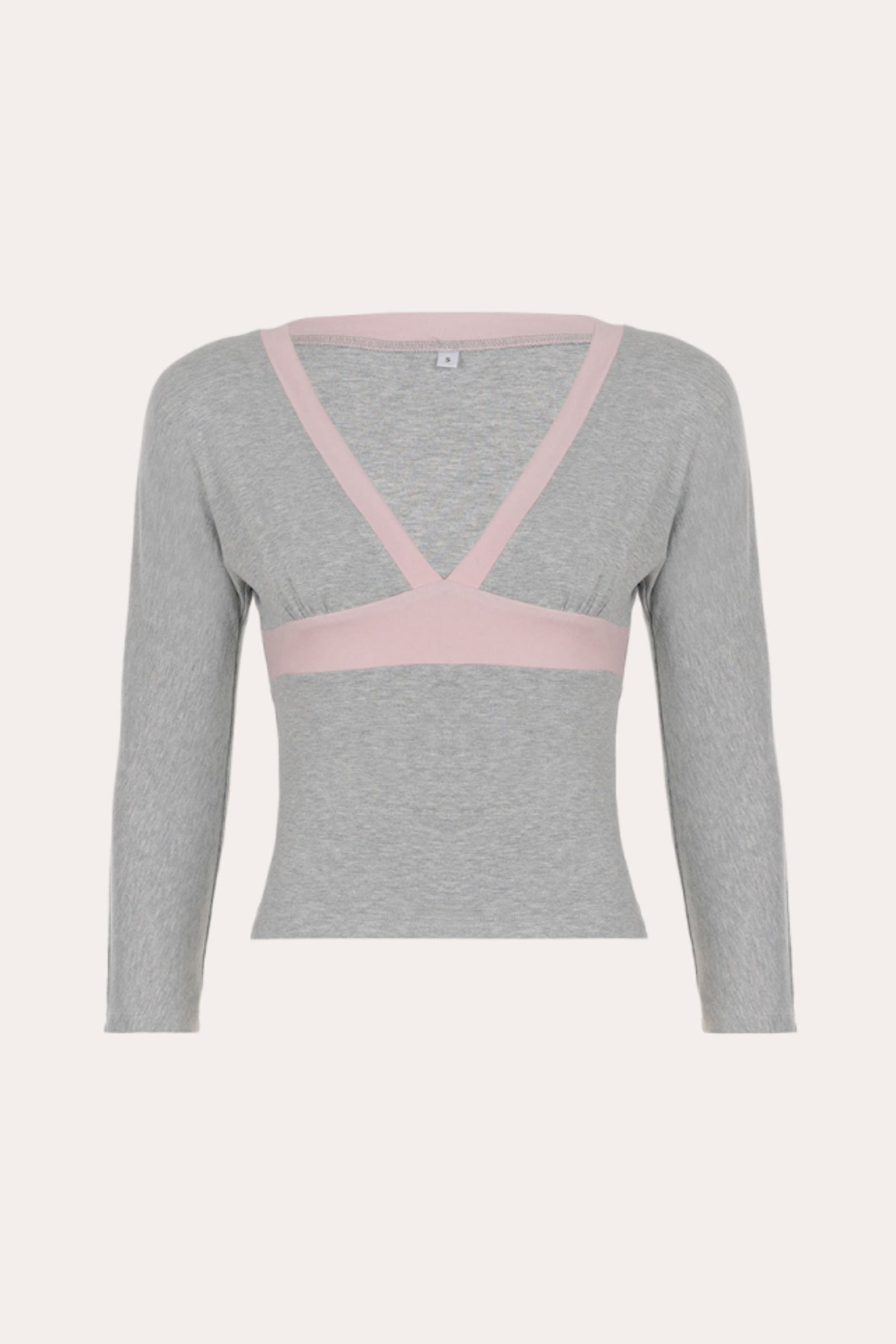 Grey and Pink Contrast Trim V-Neck Crop Top