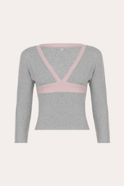 Grey and Pink Contrast Trim V-Neck Crop Top