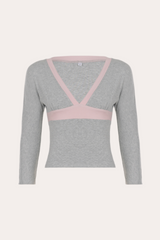 Grey and Pink Contrast Trim V-Neck Crop Top