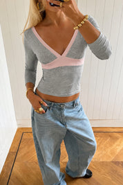 Grey and Pink Contrast Trim V-Neck Crop Top