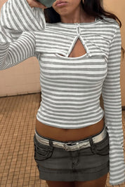 Grey Striped Cutout Long Sleeve Y2K Henley Top