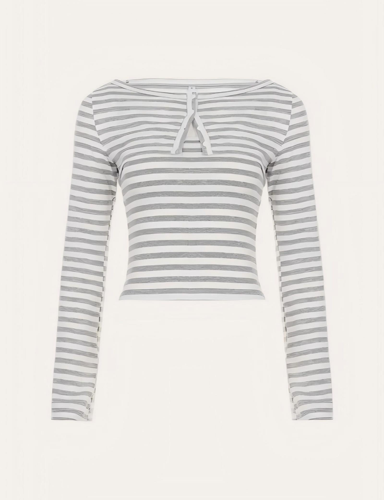 Grey Striped Cutout Long Sleeve Y2K Henley Top