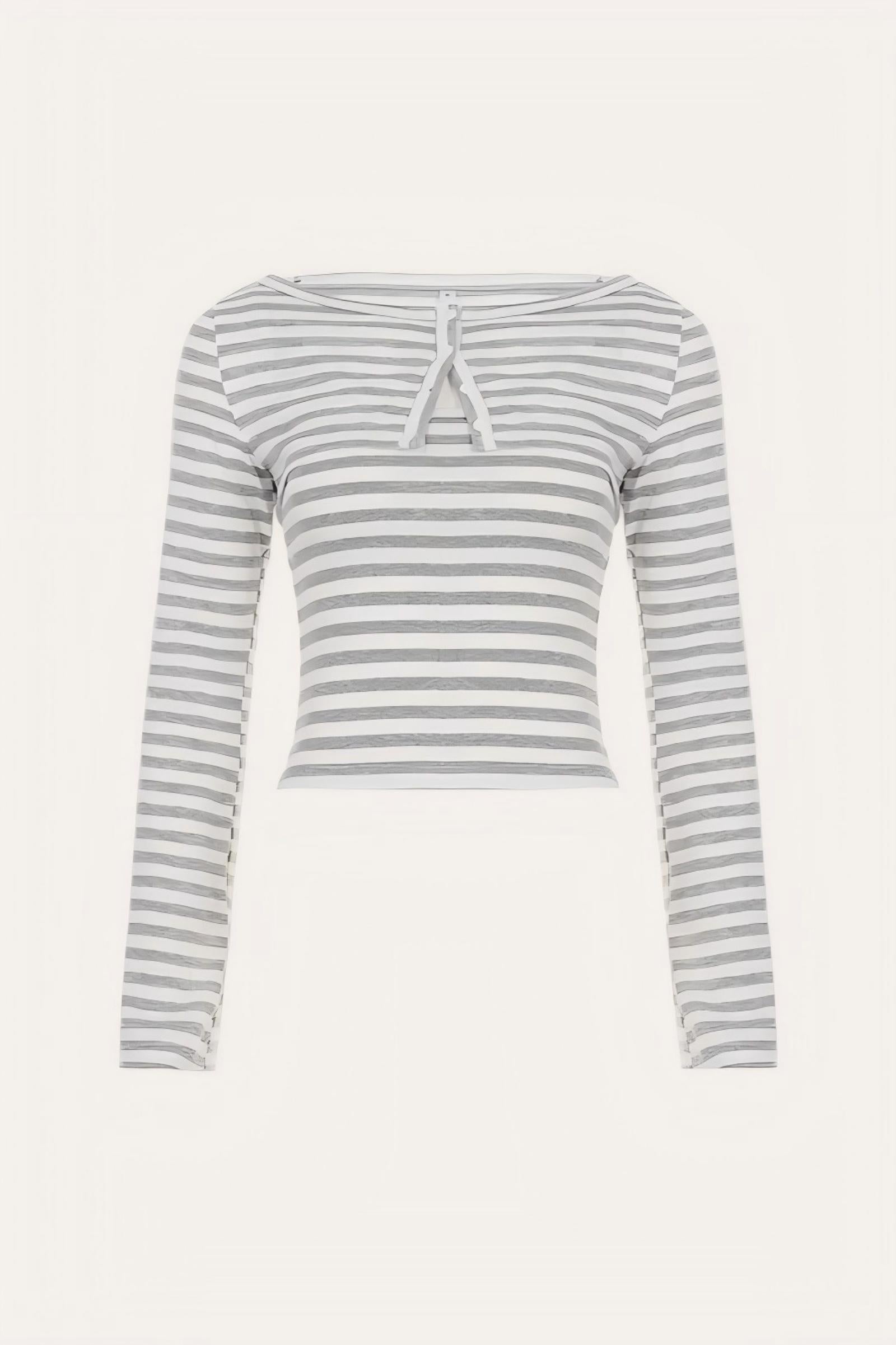 Grey Striped Cutout Long Sleeve Y2K Henley Top