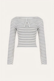 Grey Striped Cutout Long Sleeve Y2K Henley Top