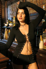 Grommet Lace-Up V-Neck Long Sleeve Crop Top