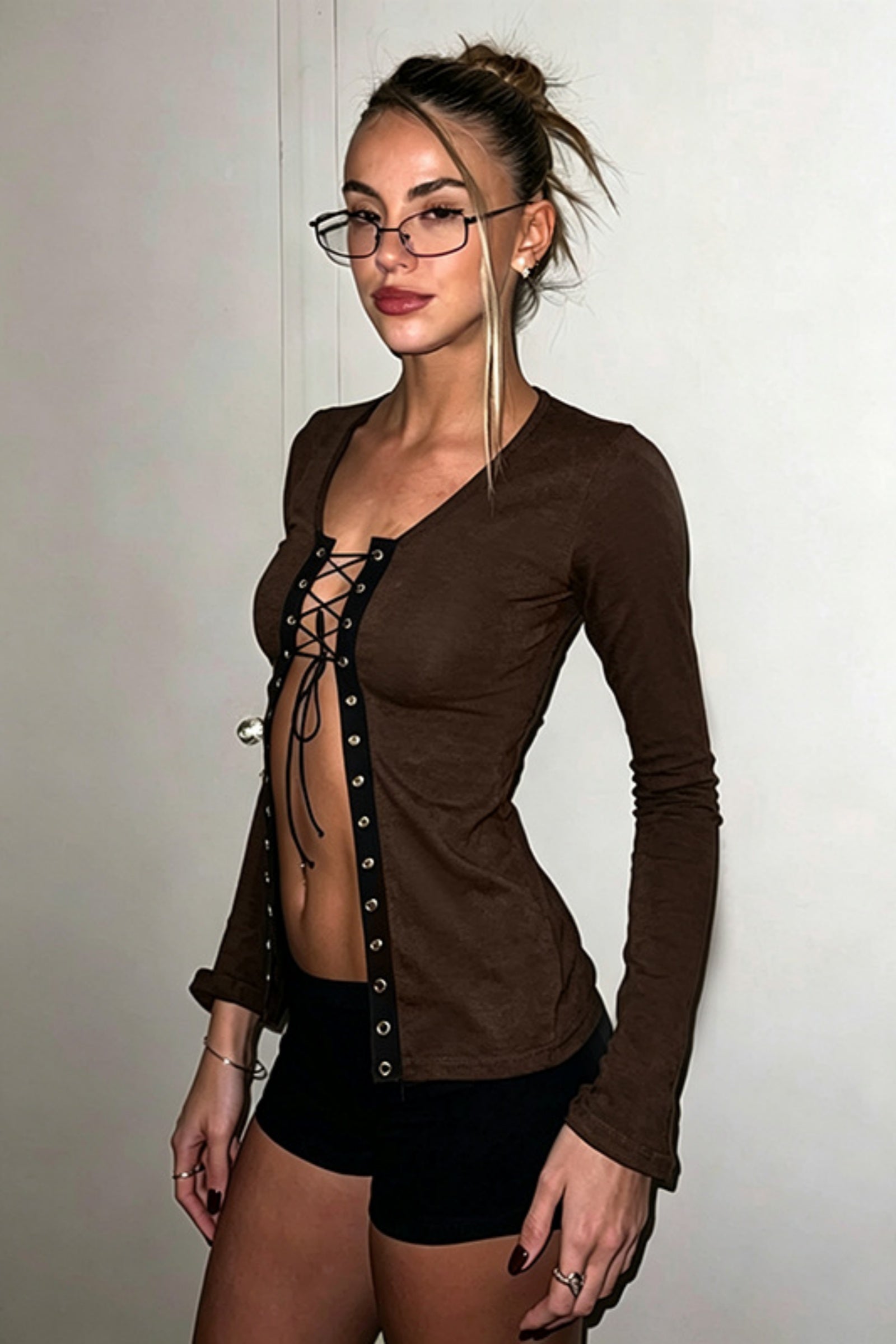 Grommet Lace-Up V-Neck Long Sleeve Crop Top