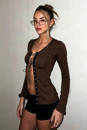 Grommet Lace-Up V-Neck Long Sleeve Crop Top
