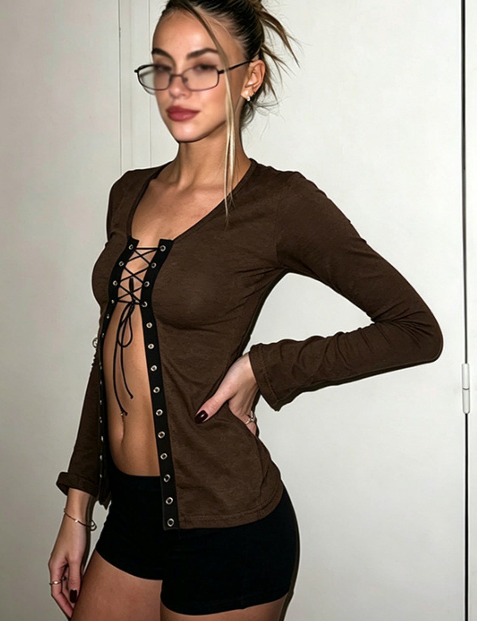 Grommet Lace-Up V-Neck Long Sleeve Crop Top