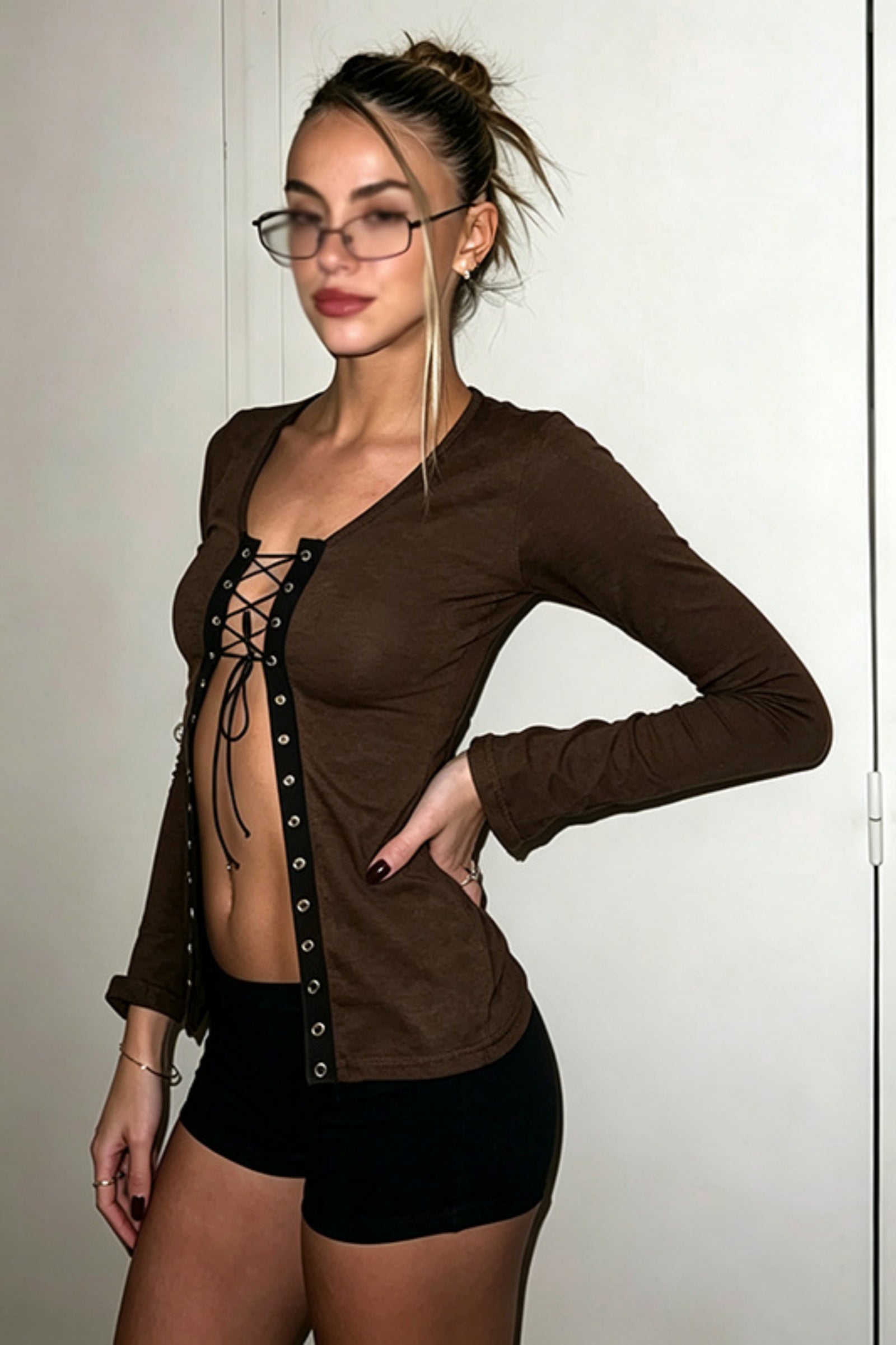 Grommet Lace-Up V-Neck Long Sleeve Crop Top