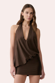 Chocolate Brown Halter Neck Jumpsuit Deep V Backless Romper Mini Dress