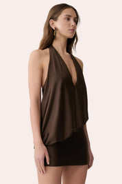 Chocolate Brown Halter Neck Jumpsuit Deep V Backless Romper Mini Dress