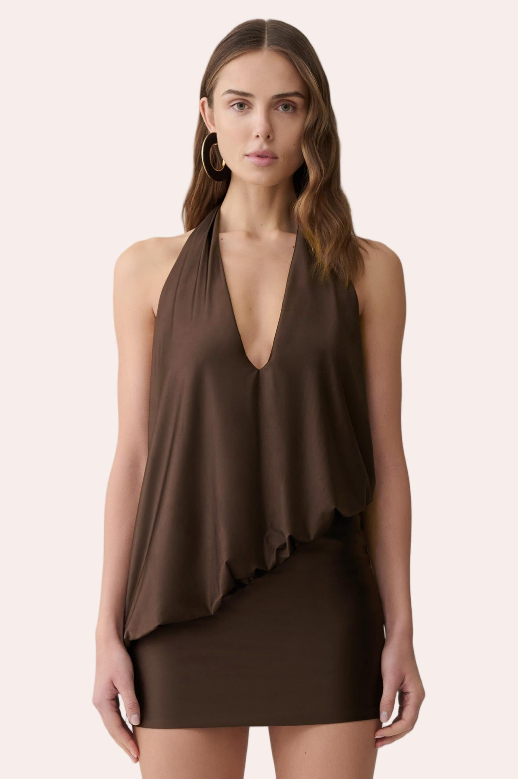 Chocolate Brown Halter Neck Jumpsuit Deep V Backless Romper Mini Dress