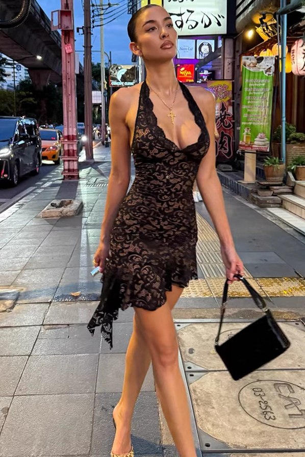 Lace Halter Mini Sexy V-Neck Backless Party Dress
