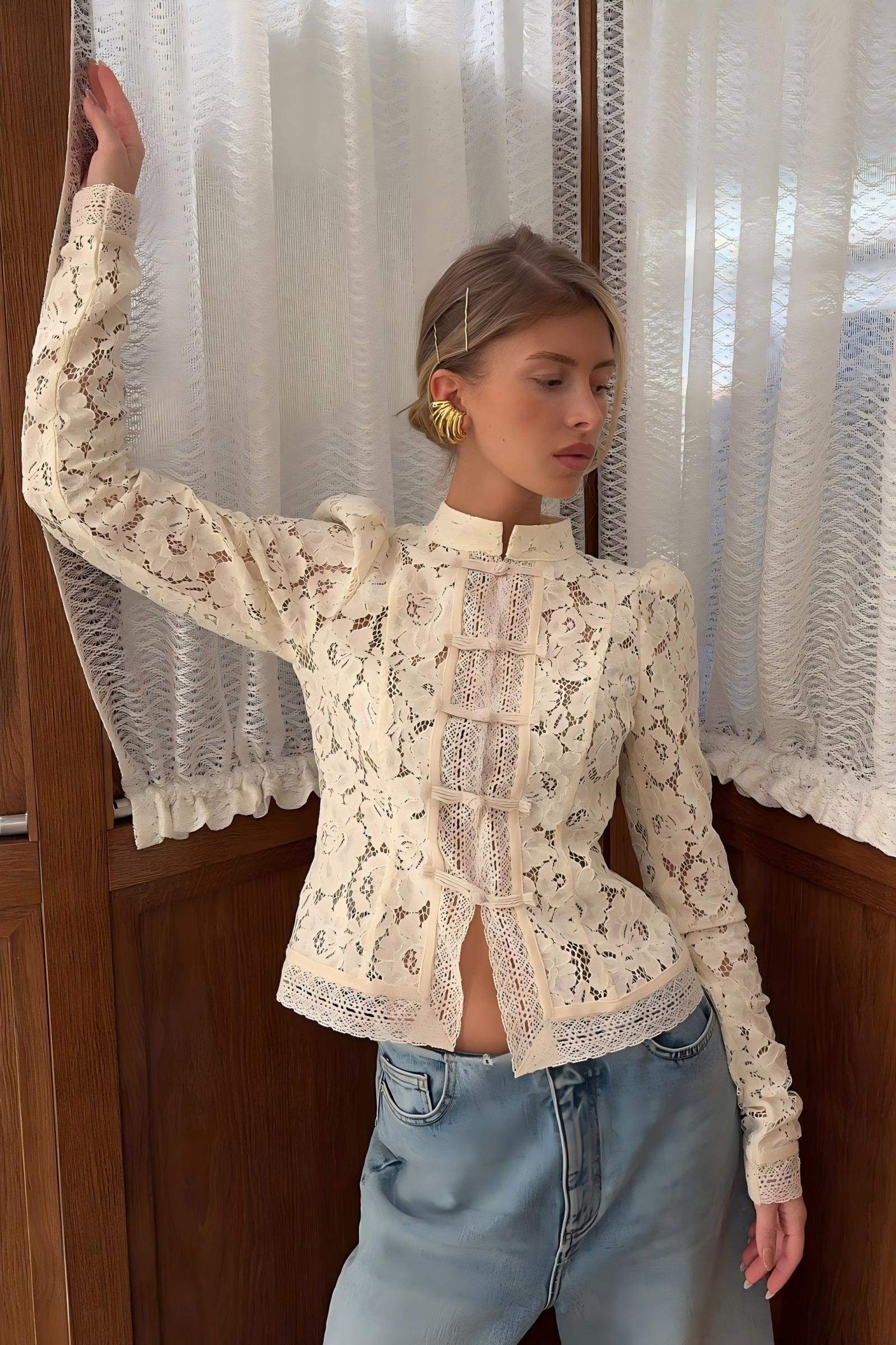 Lace Mandarin Collar Frog Button Top