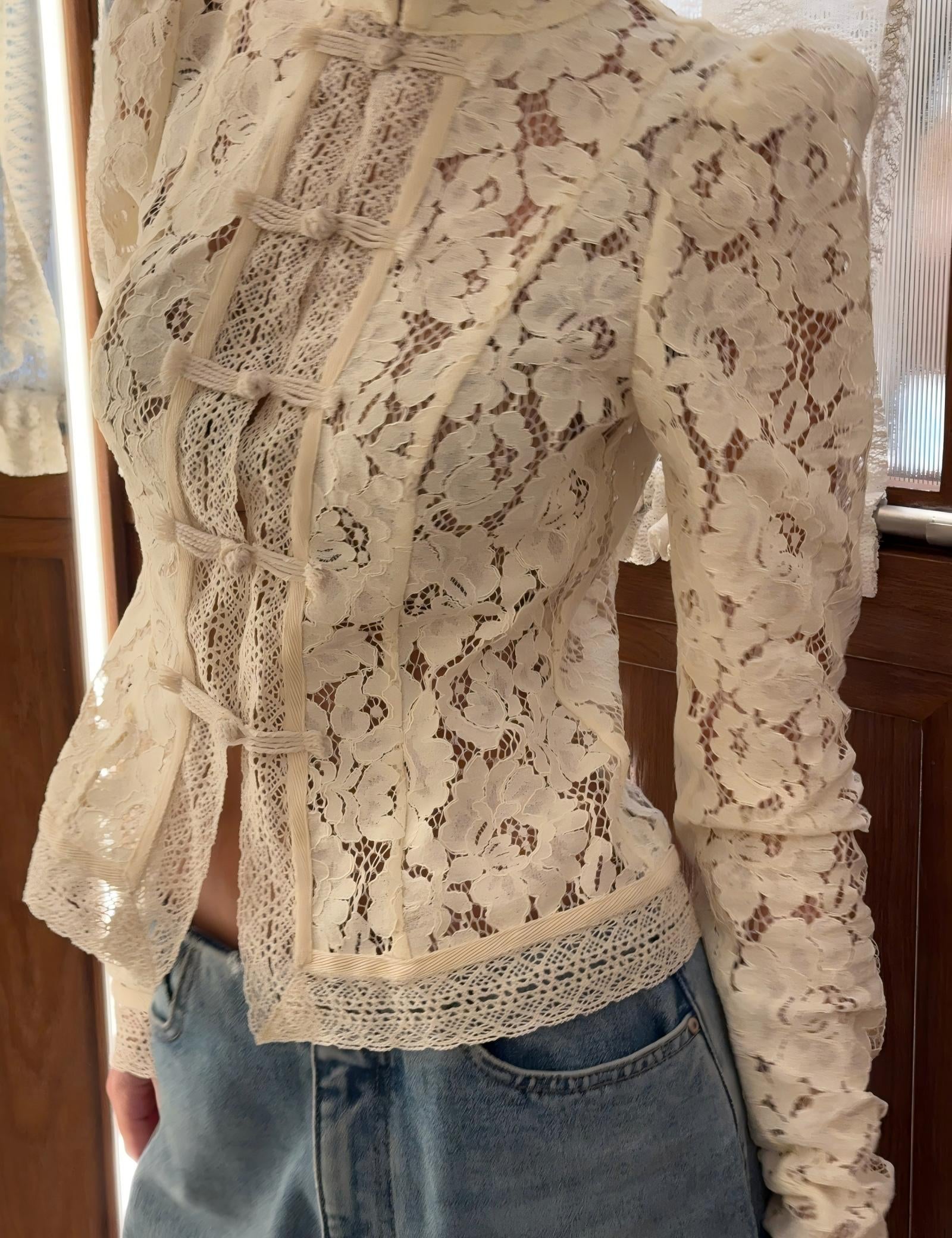 Lace Mandarin Collar Frog Button Top