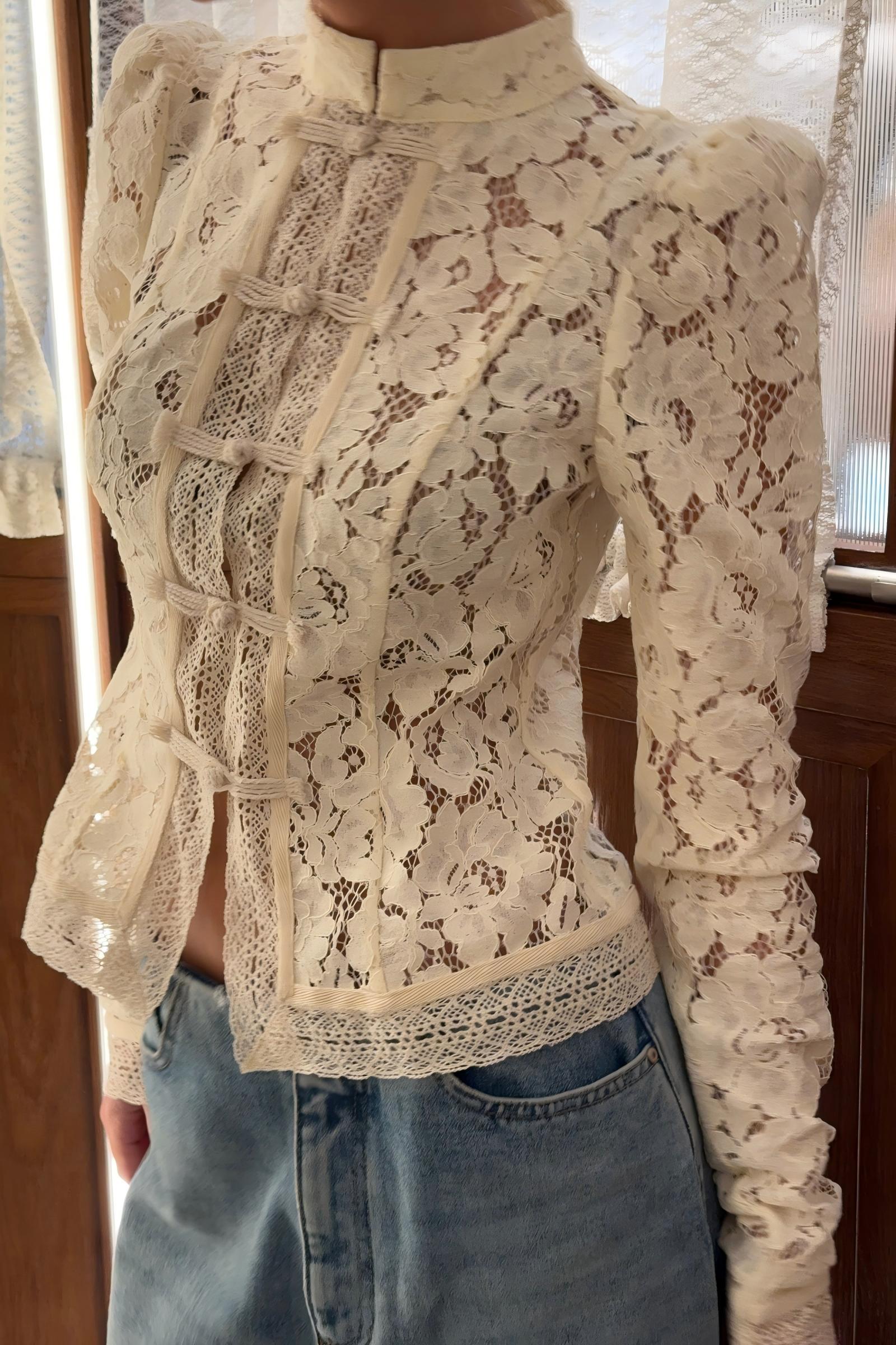 Lace Mandarin Collar Frog Button Top