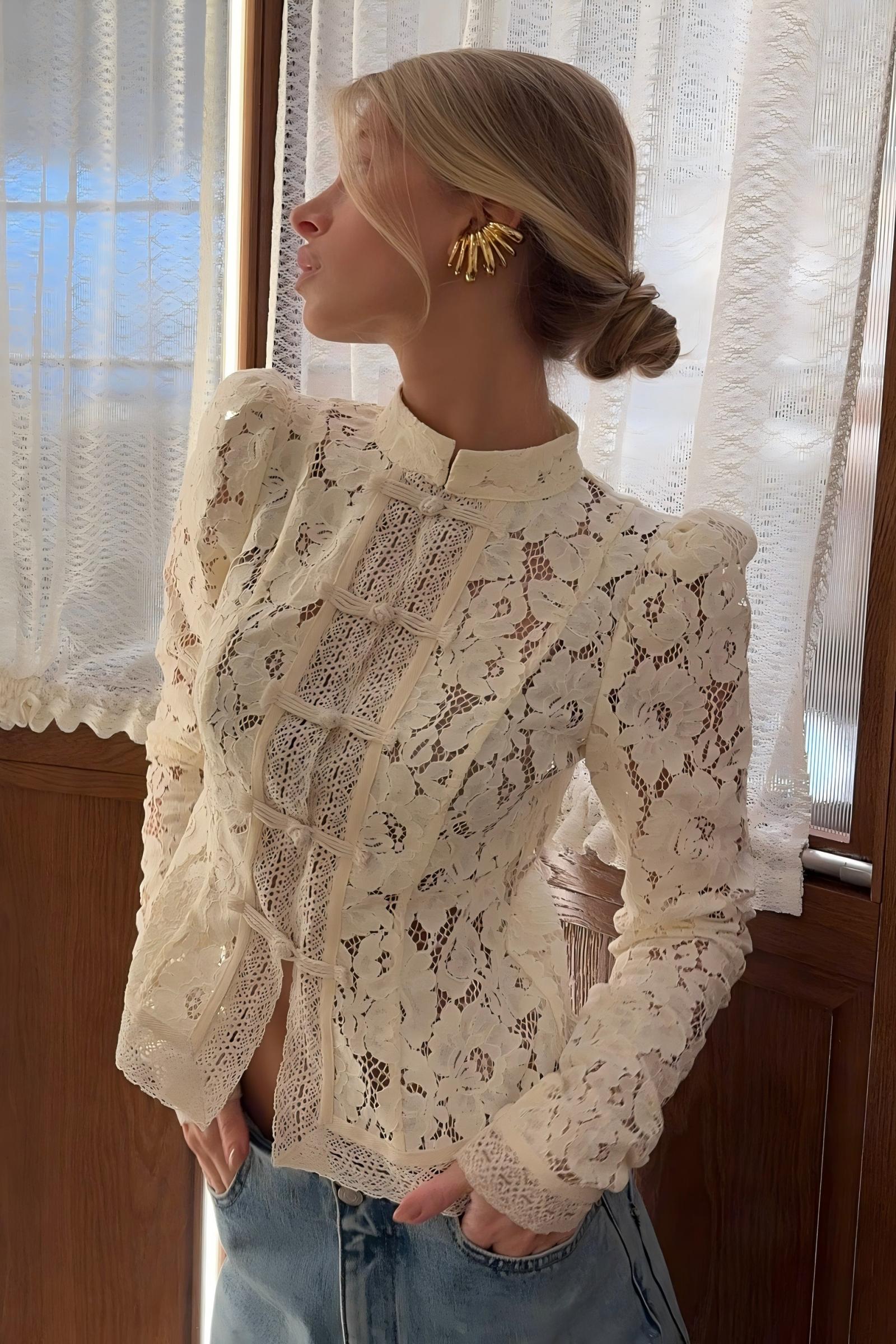 Lace Mandarin Collar Frog Button Top