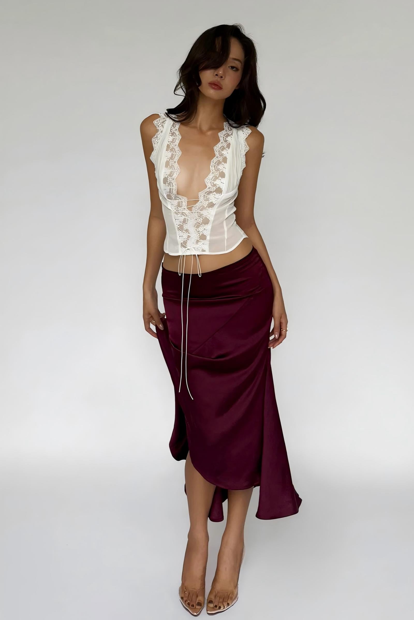 Lace Trim Lace-Up Top & Skirt Set
