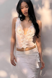 Lace Trim Lace-Up Top & Skirt Set