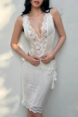 Lace Trim Lace-Up Top & Skirt Set
