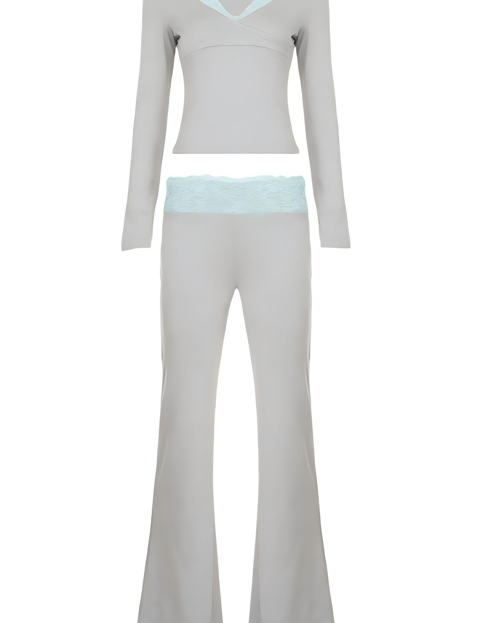 Lace Trim Wrap Top and Low Rise Flare Pants Set