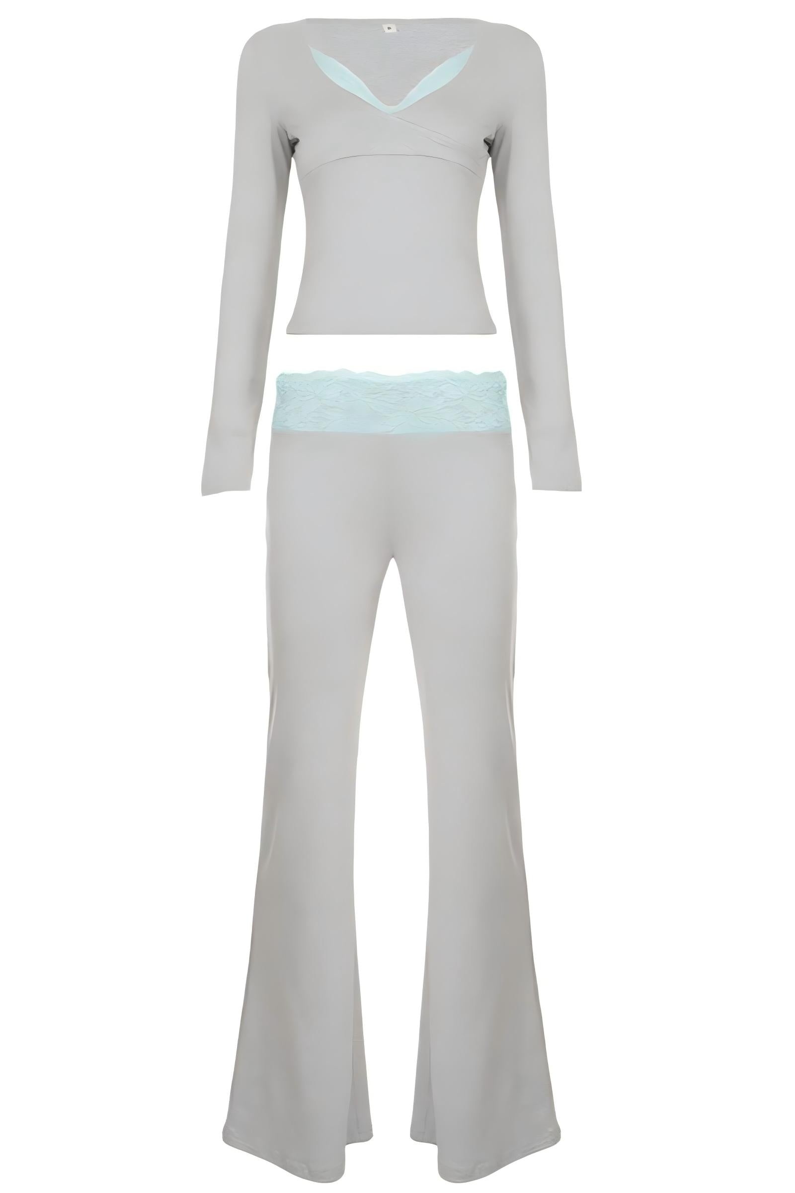 Lace Trim Wrap Top and Low Rise Flare Pants Set