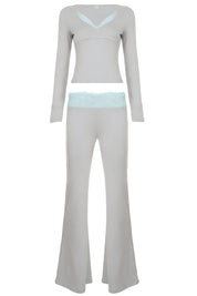 Lace Trim Wrap Top and Low Rise Flare Pants Set