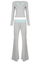 Lace Trim Wrap Top and Low Rise Flare Pants Set