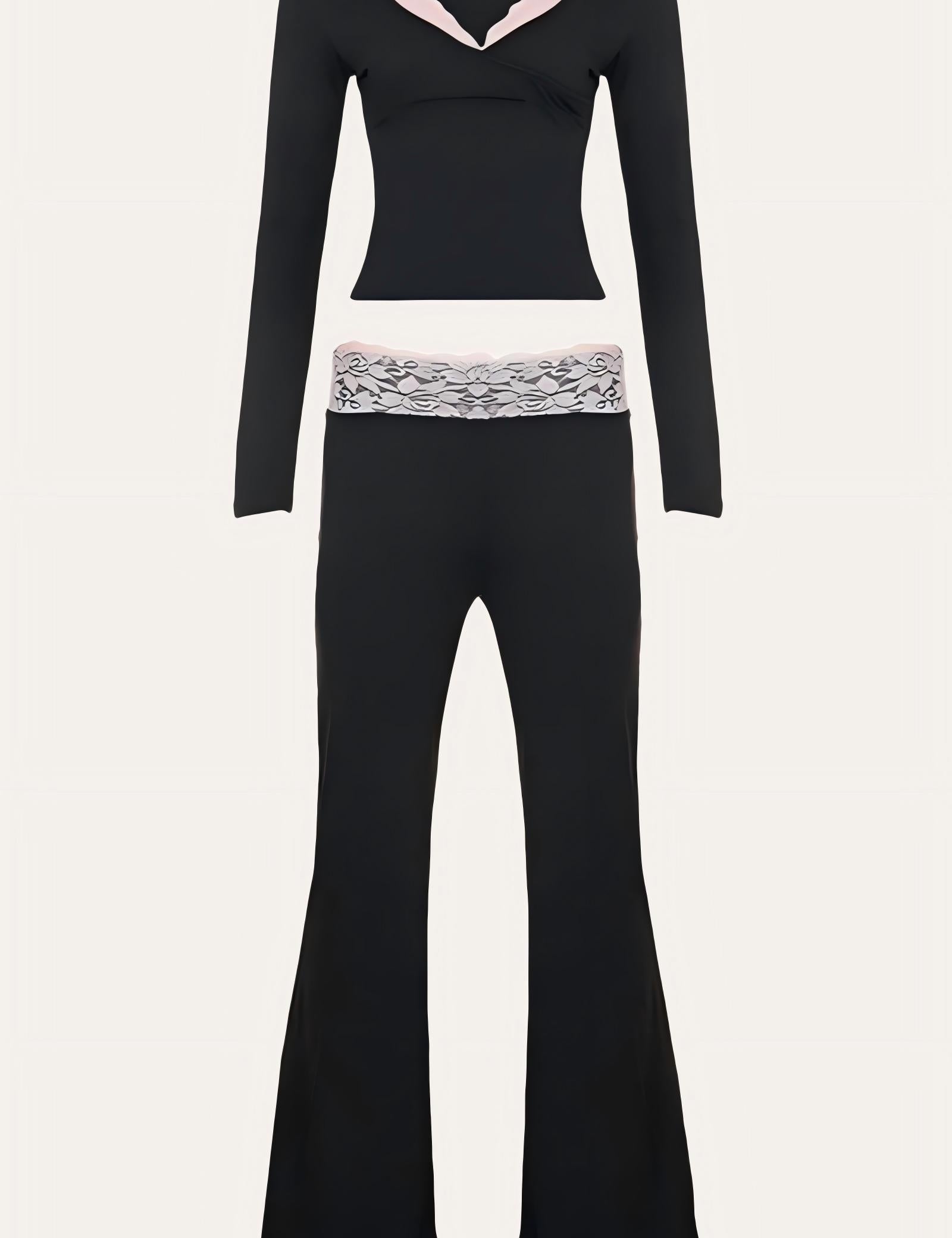 Lace Trim Wrap Top and Low Rise Flare Pants Set