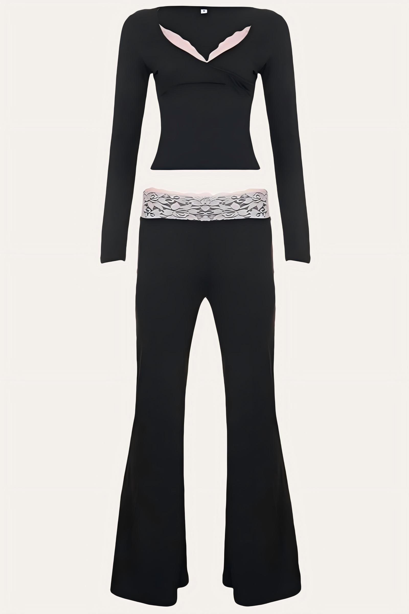 Lace Trim Wrap Top and Low Rise Flare Pants Set