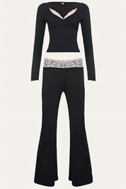 Lace Trim Wrap Top and Low Rise Flare Pants Set